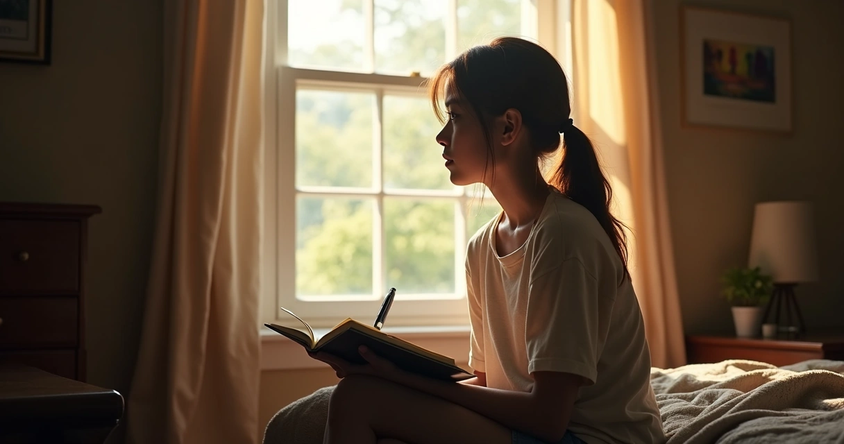 Adolescente sentada olhando para a janela com expressão pensativa 