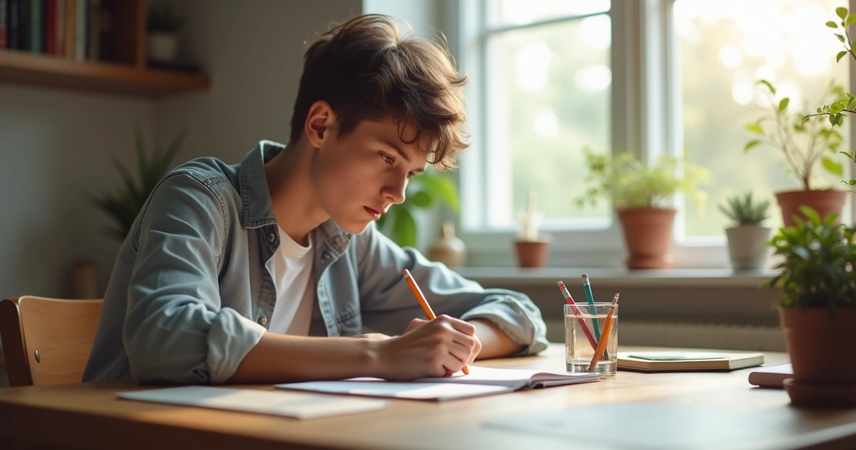 Adolescente escribiendo en un cuaderno junto a una ventana 