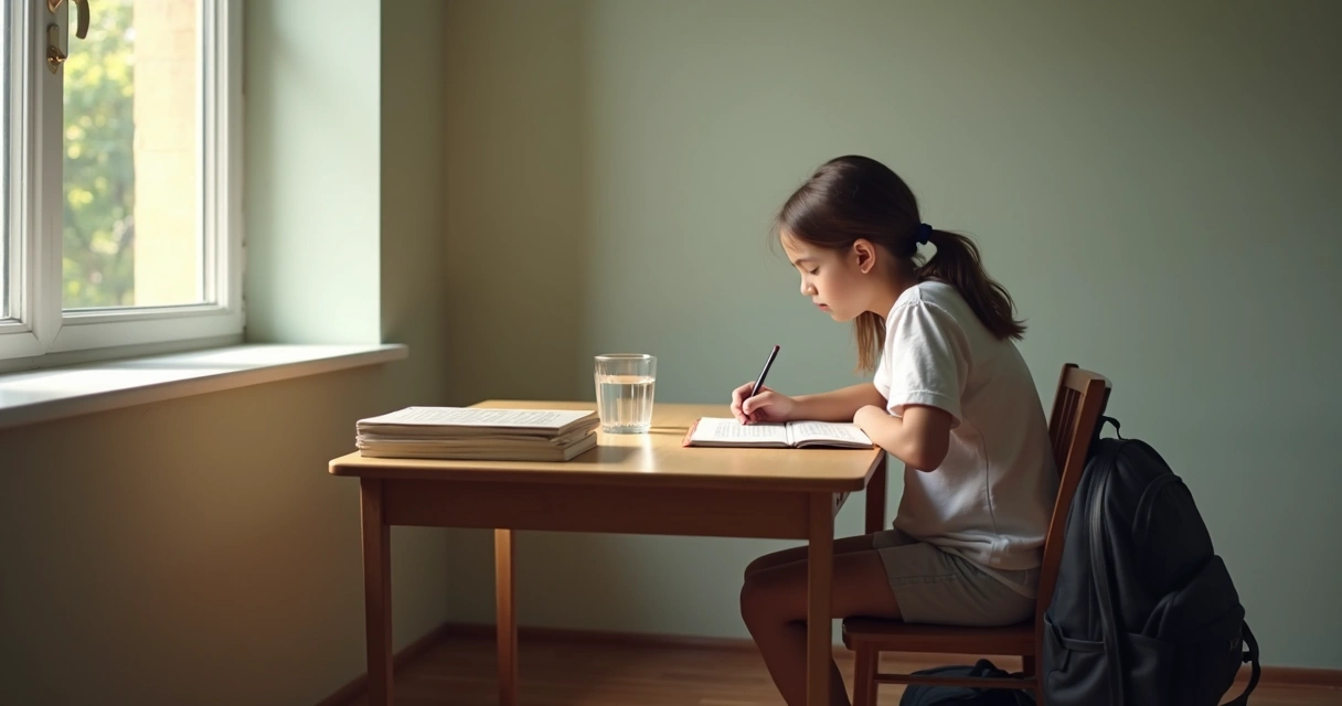 Adolescente escribiendo en un cuaderno junto a una ventana