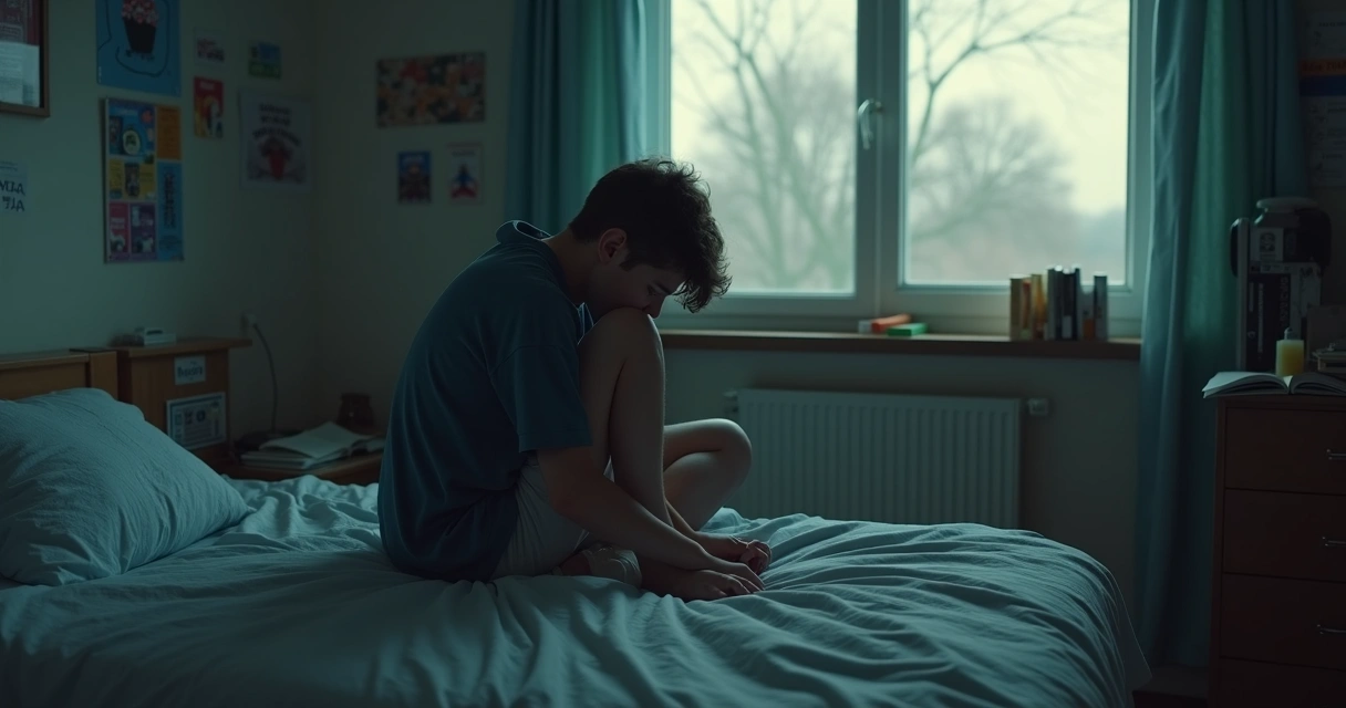 Adolescente pensativo sentado em cama com luz suave entrando pela janela