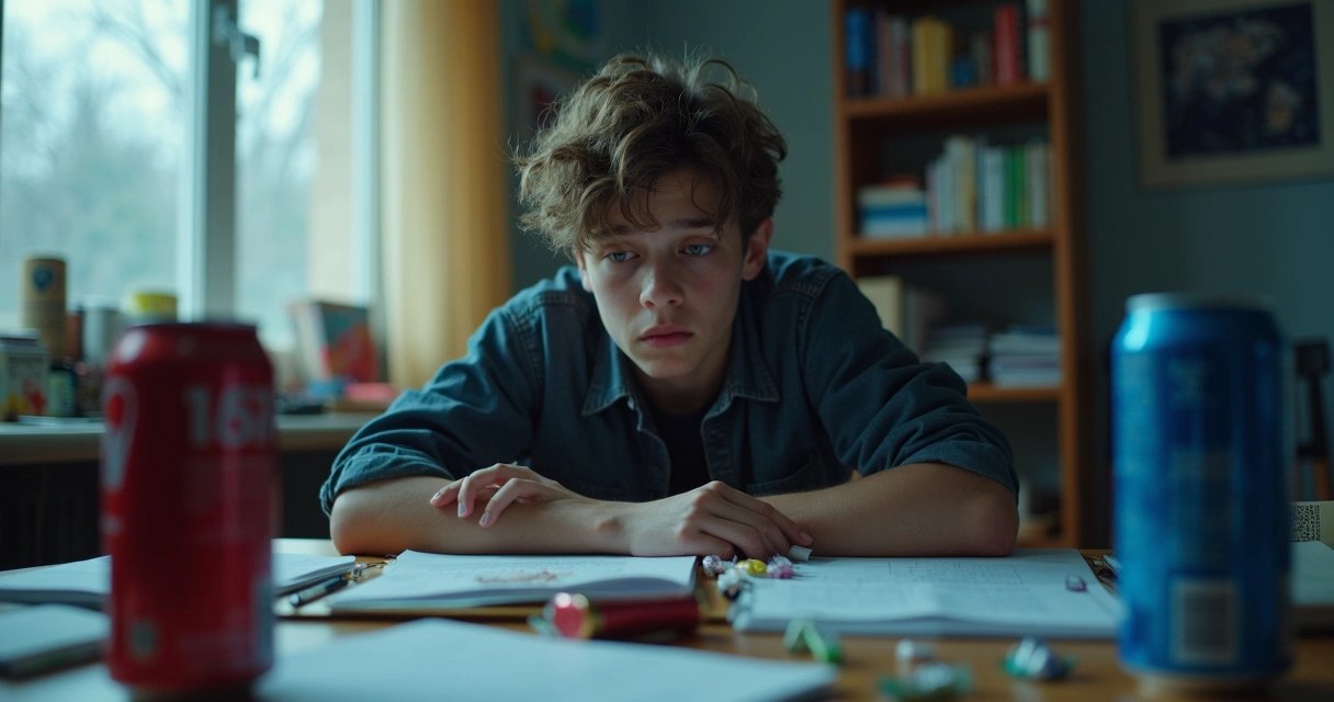 Adolescente cansado após consumir refrigerante estudando