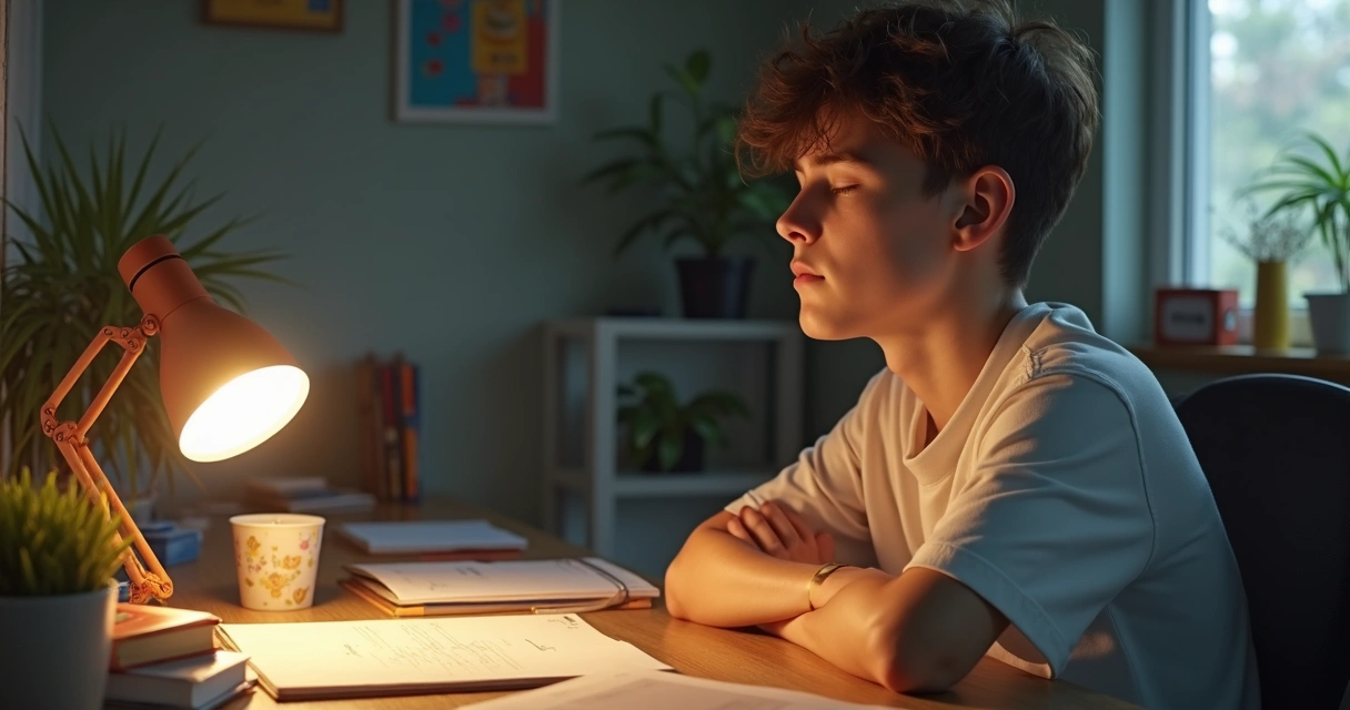 Adolescente sentado relajado frente a su escritorio en casa, ojos cerrados y respirando profundo 