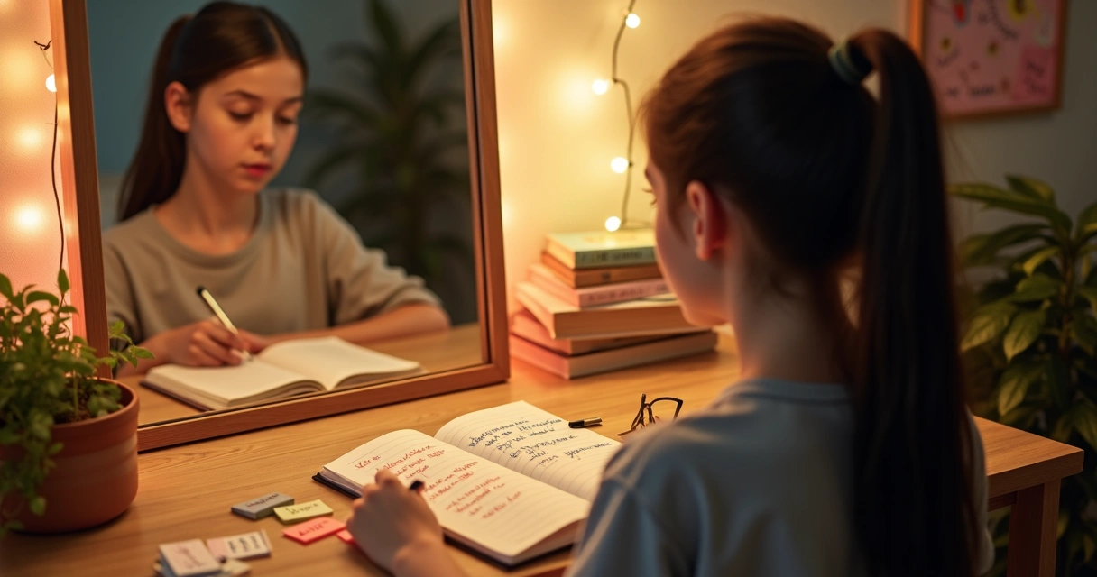 Chica adolescente escribiendo creencias en un cuaderno frente a un espejo con notas positivas 