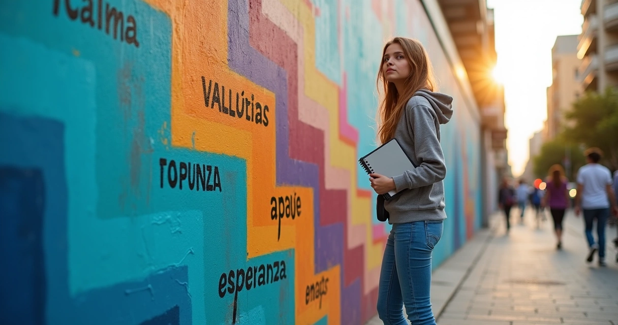 Adolescente subiendo una escalera de colores en mural urbano 