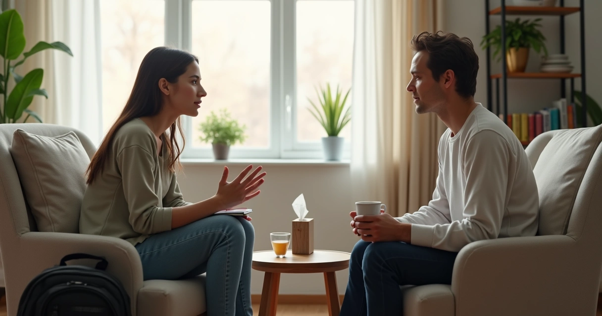 Adolescente sentado conversando com adulto em ambiente acolhedor 