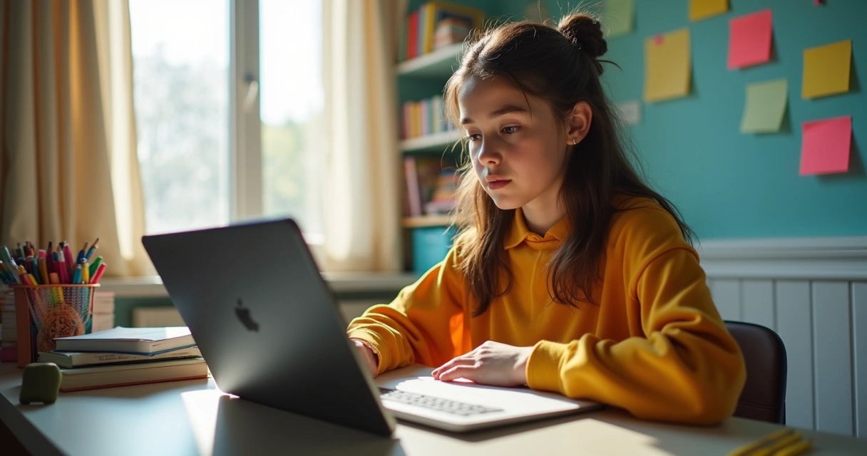 Adolescente estudando sozinha com tablet em seu quarto organizado 