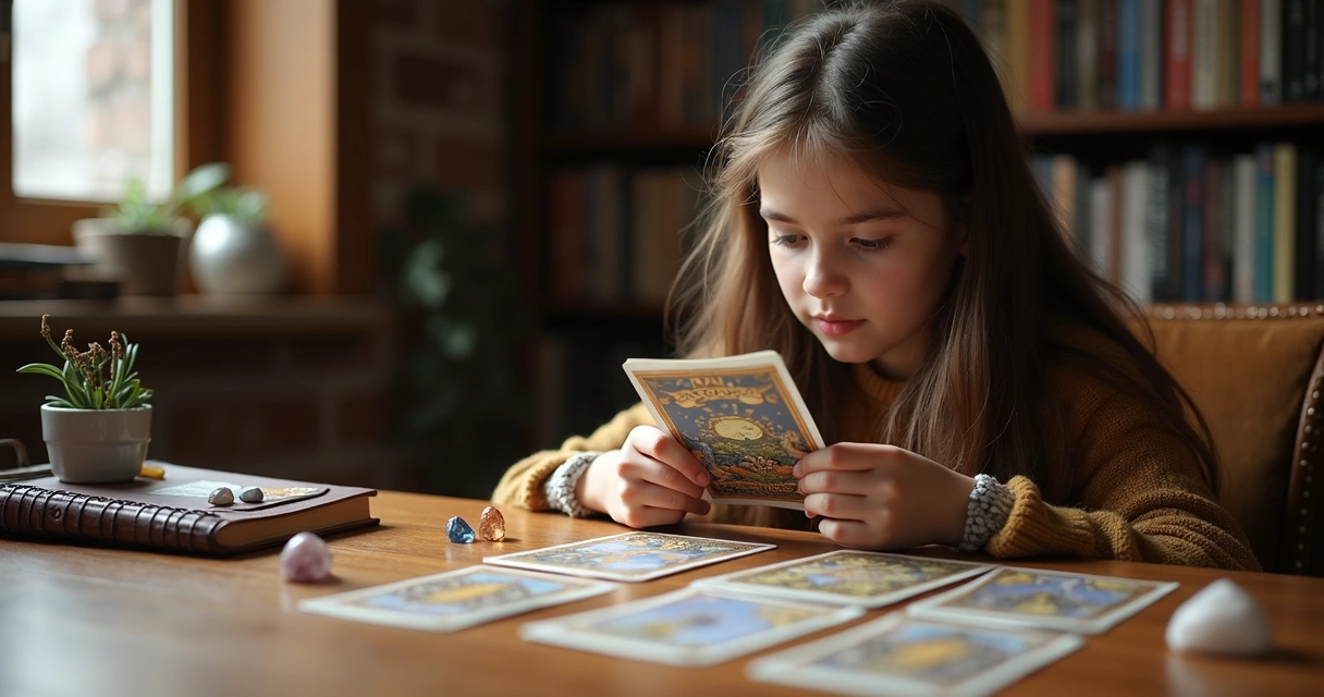 Jovem olhando cartas de tarot em uma mesa de madeira 