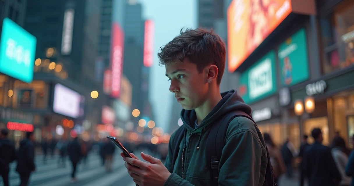 Adolescente revisando su teléfono móvil en una ciudad moderna 