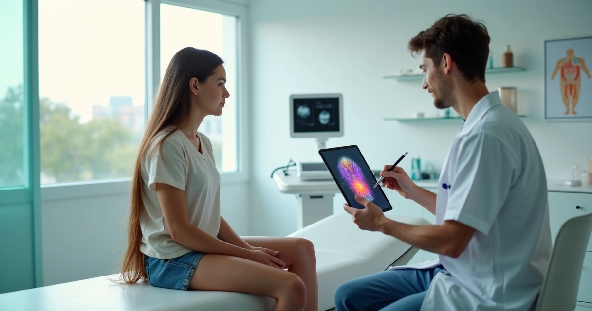 Adolescente sentado em clínica moderna observando exame de varizes nas pernas 
