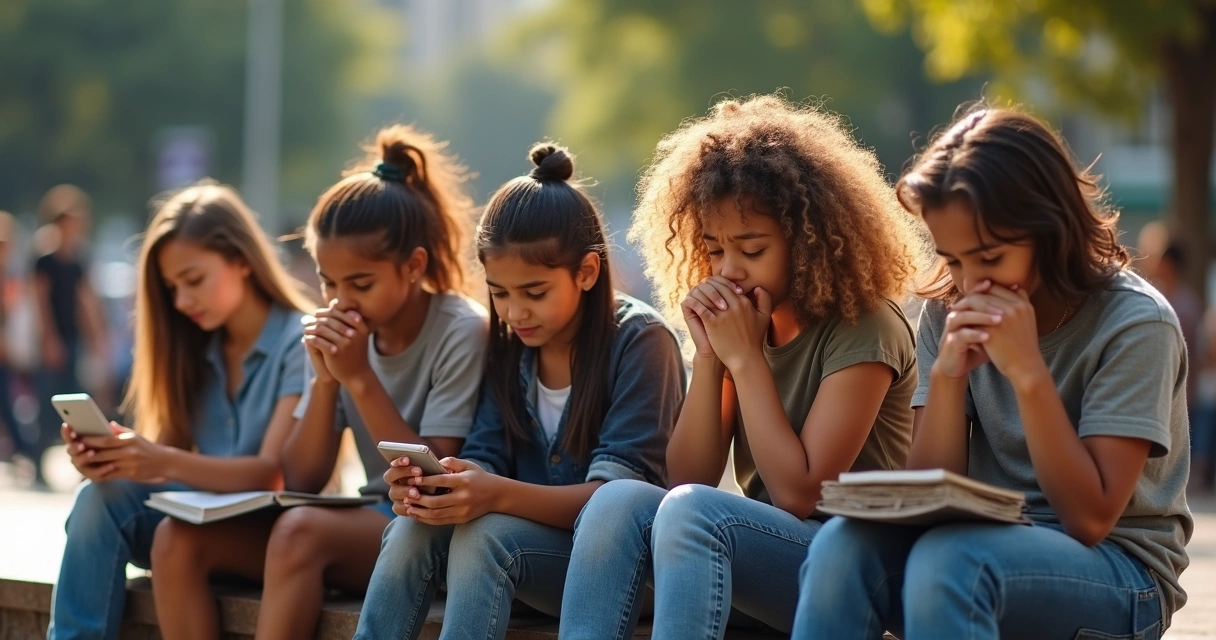 Grupo de adolescentes sentados, alguns olhando para baixo, expressando reflexão e ansiedade 