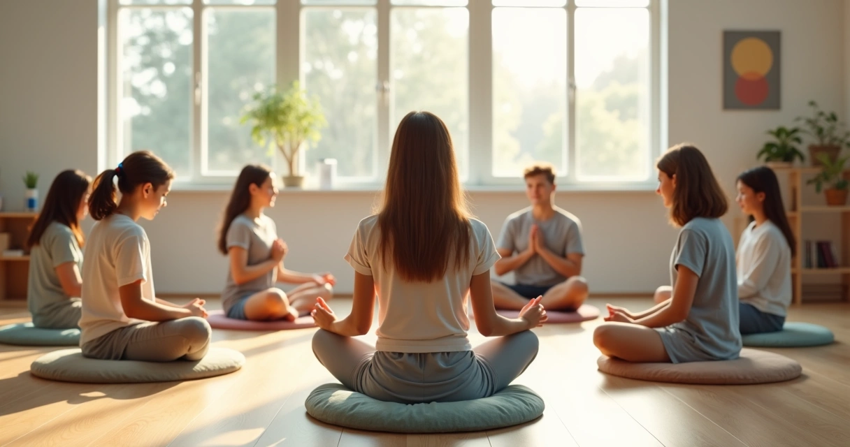 Adolescente em roda de meditação guiada em sala de aula tranquila 