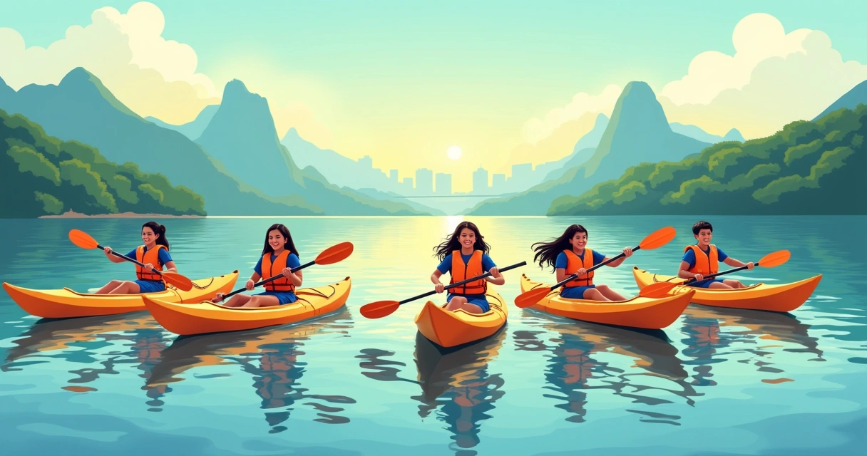 Adolescentes remando de caiaque na Lagoa Rodrigo de Freitas 
