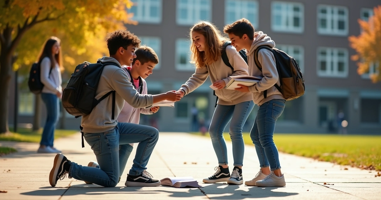 Grupo de adolescentes ayudando a un compañero a levantarse en un patio escolar 