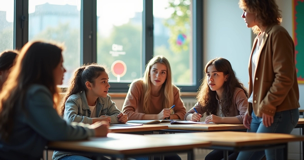 Adolescentes em sala de aula discutindo de forma saudável, professor observando