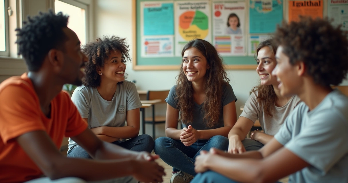 Adolescentes sentados conversando em roda dentro de uma sala com cartazes educativos ao fundo.