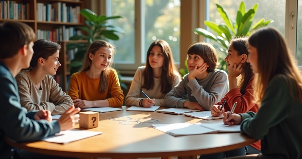 Grupo de adolescentes conversando con un adulto alrededor de una mesa con símbolos éticos 