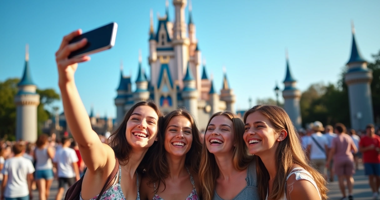 Adolescentes sorrindo em frente ao castelo da Disney 