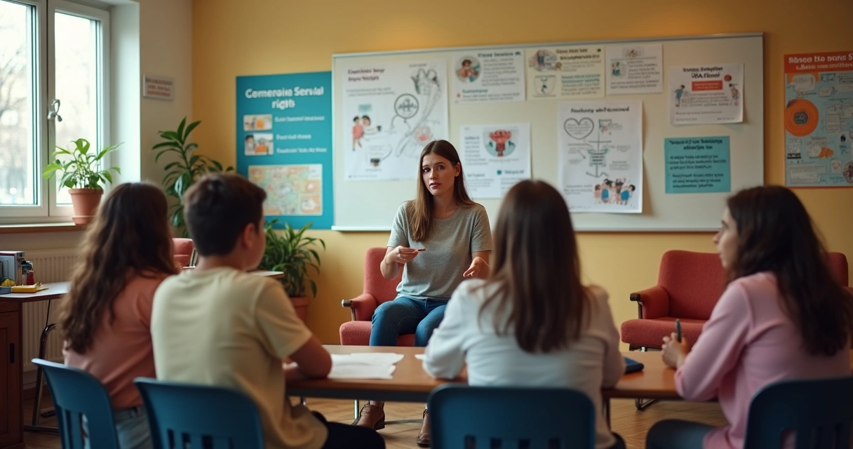 Jovens em sala conversando sobre educação sexual com professora