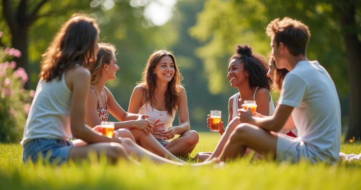 Grupo de adolescentes conversando em círculo em um parque ensolarado 
