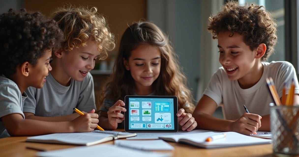 Adolescentes estudando juntos com tablet e inteligência artificial 