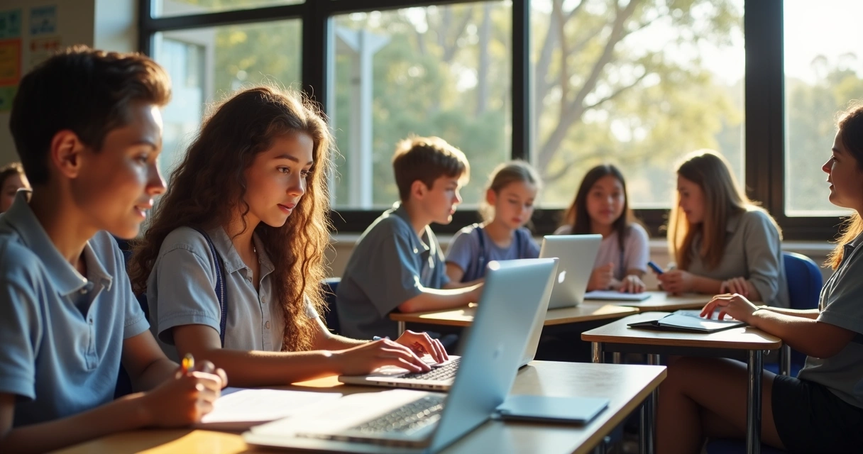 Adolescentes estudando juntos em escola australiana 