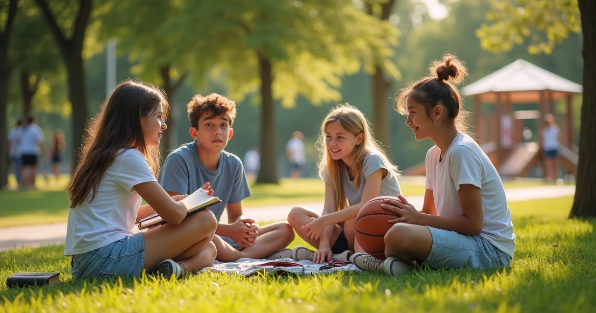 Grupo de adolescentes conversando ao ar livre em parque de verão 