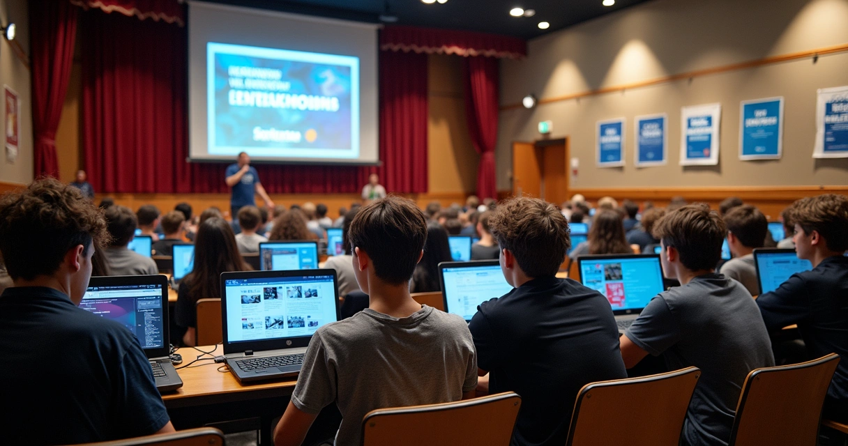Adolescentes participando de hackathon escolar