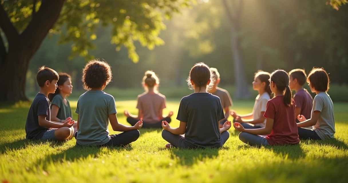 Adolescentes sentados en círculo practicando meditación al aire libre 