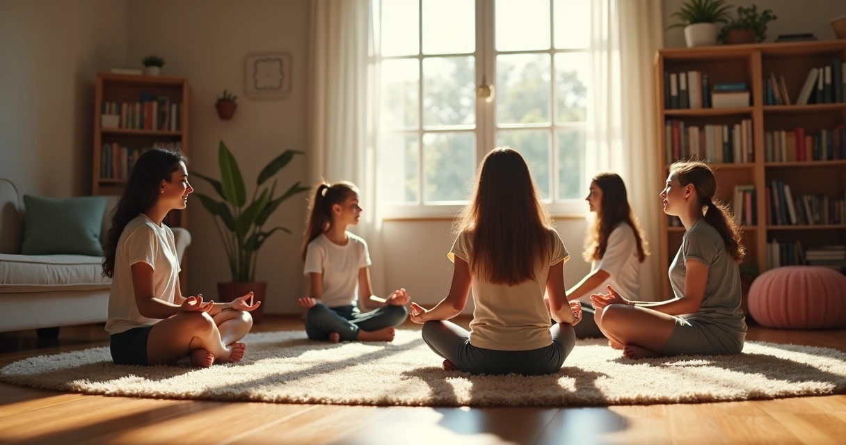 Cuatro adolescentes sentados en círculo meditando en una sala hogareña, luz natural entrando por la ventana 