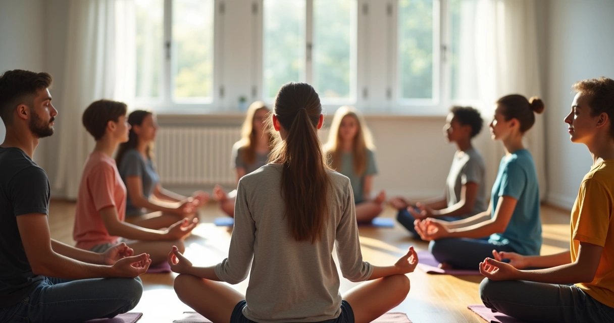 Grupo de adolescentes sentados en círculo meditando en aula despejada