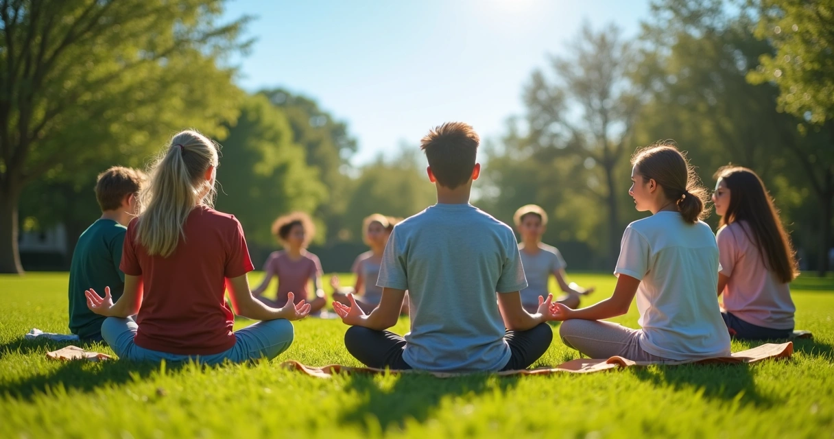 Grupo de adolescentes sentados en círculo sobre césped, practicando meditación al aire libre 