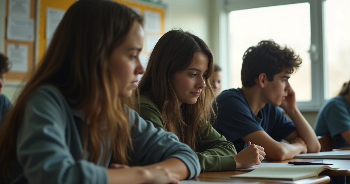 Adolescentes sentados em sala de aula, uns juntos, outro isolado perto da janela 
