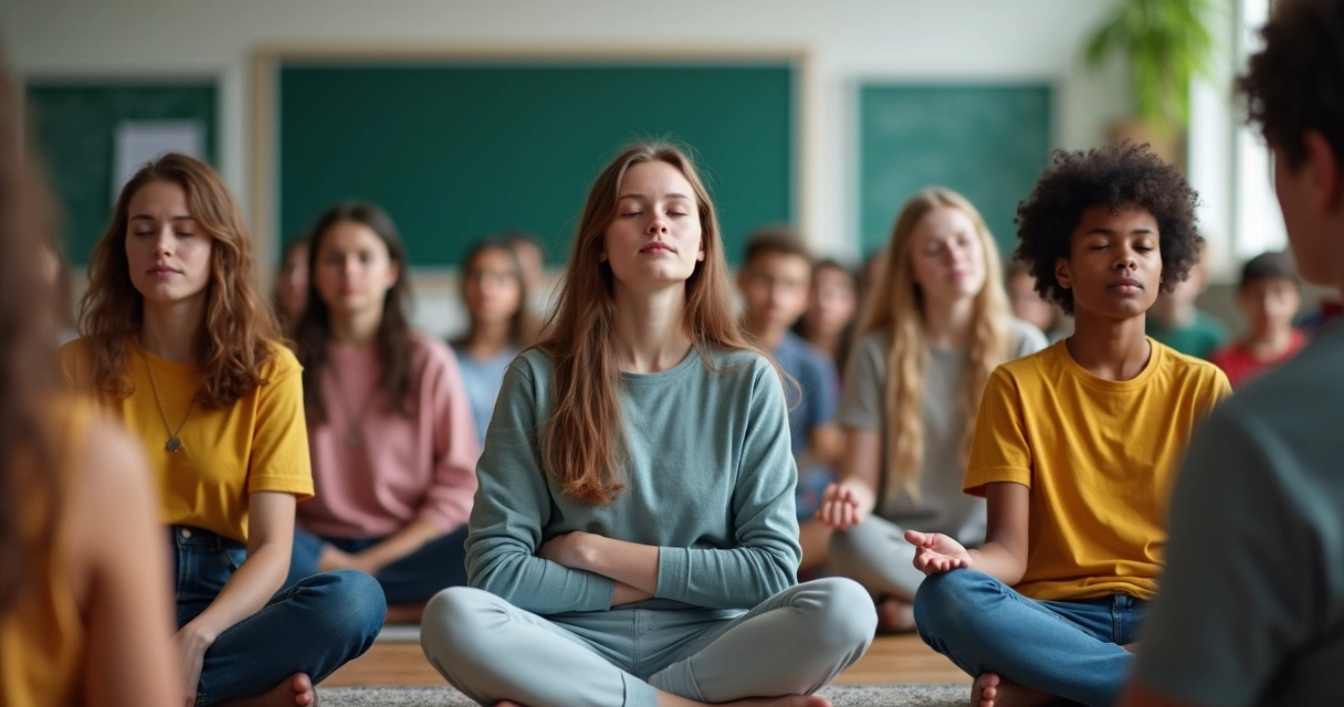 Grupo de adolescentes sentados em círculo em sala de aula praticando mindfulness 