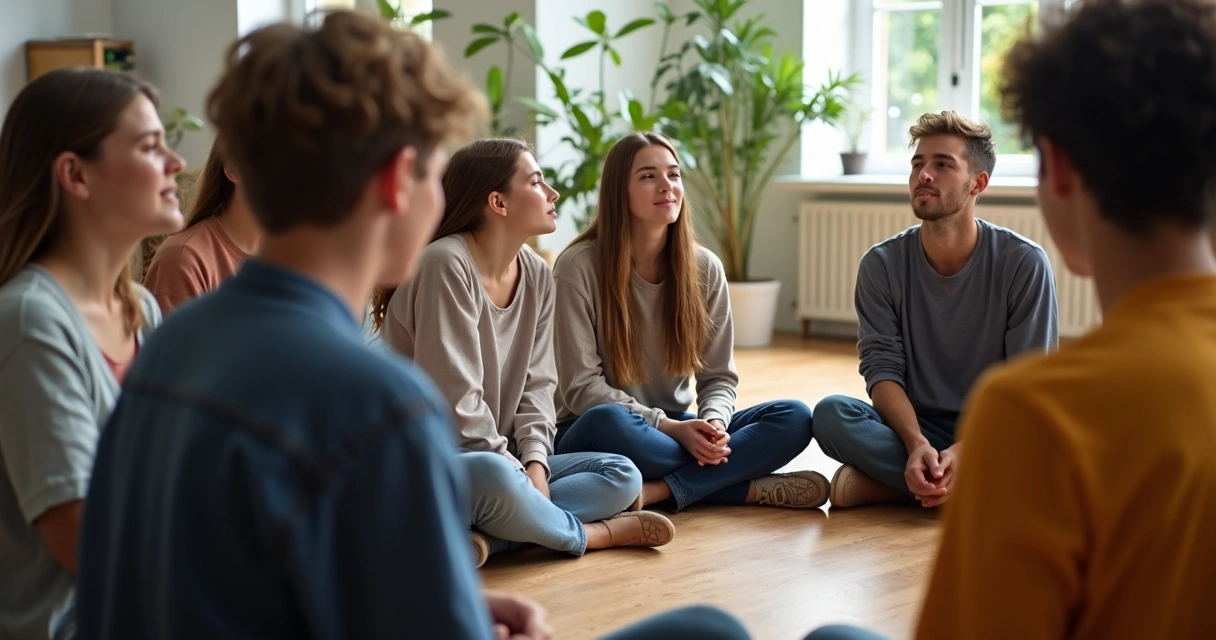 Jovens sentados em círculo conversando e refletindo juntos 