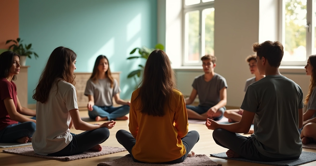 Adolescentes conversando e refletindo em um círculo na escola.