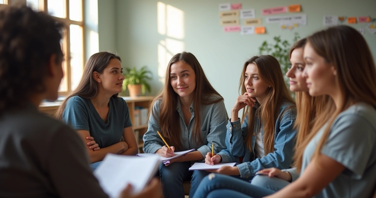 Grupo de adolescentes sentados en círculo conversando durante una dinámica de reflexión.