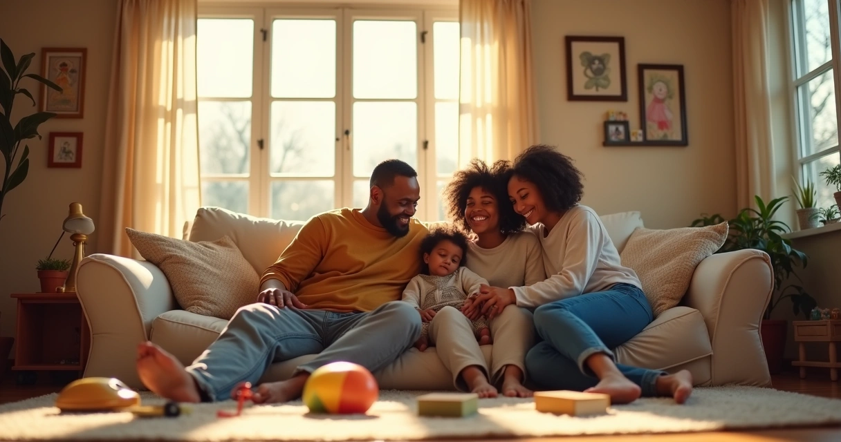 Family embracing with child in a sunlit living room 