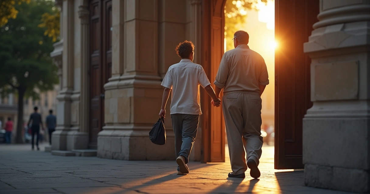 Pessoa ajudando outra na rua após sair da igreja 