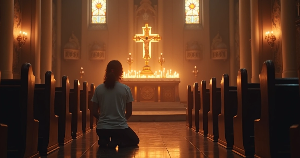 Pessoa ajoelhada em oração silenciosa diante do Santíssimo Sacramento em igreja iluminada por vela 