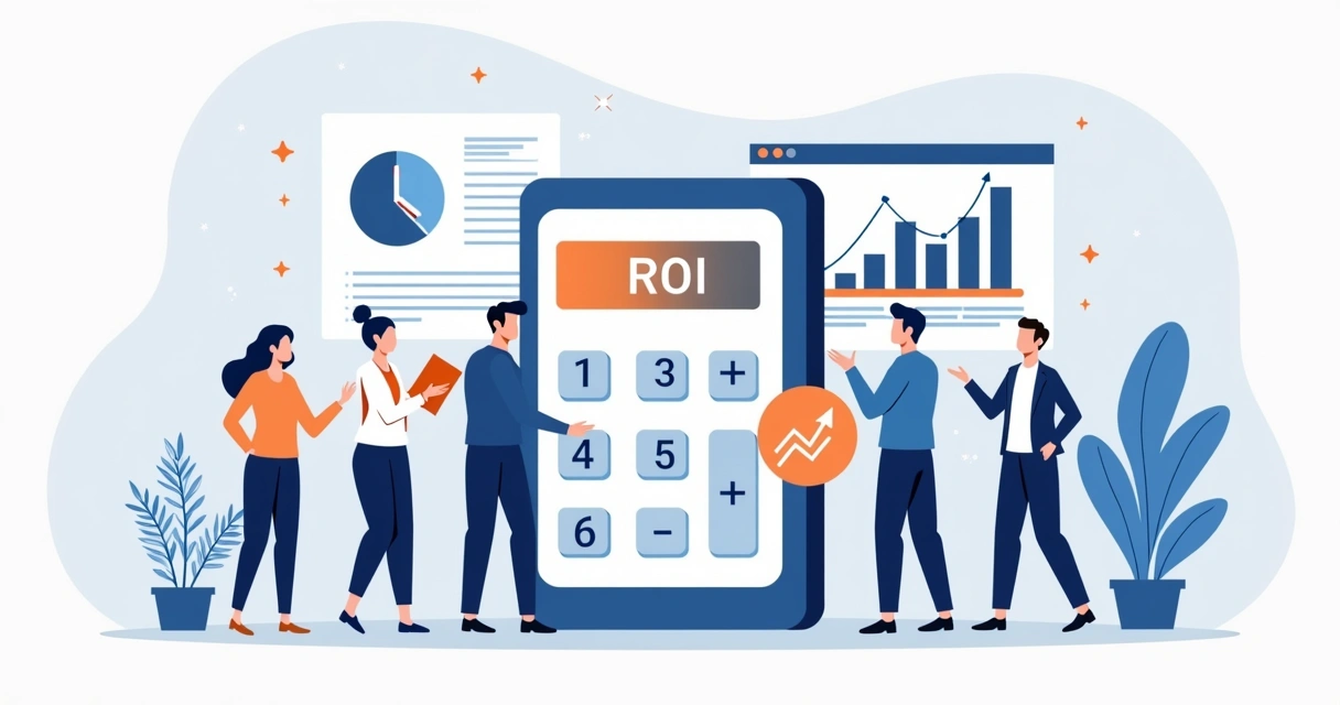 People using a calculator to work out ROI beside digital documents and a chart with arrows rising