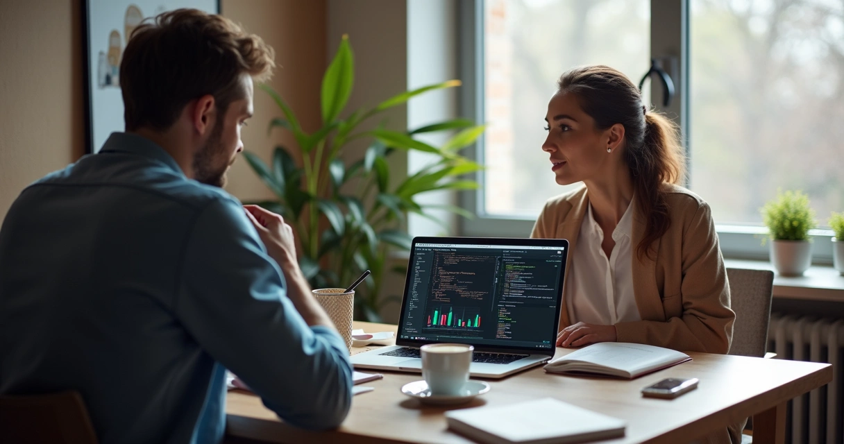 Developer and client collaborating on laptop 