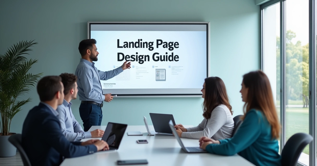 Consultant presenting a landing page strategy to clients in a modern office