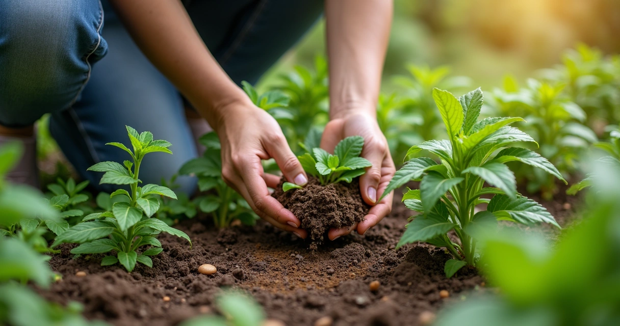 Pessoa aplicando adubo orgânico em plantas do jardim