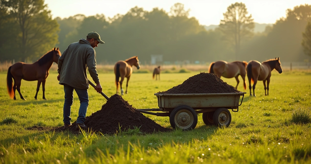 Aplicação de composto em pasto de cavalos 