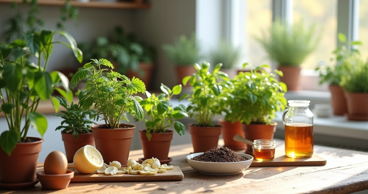 Mesa de cozinha com vasos de plantas e ingredientes de adubo caseiro organizados 