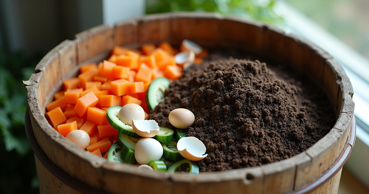 Composteira caseira com resíduos de verduras e terra 