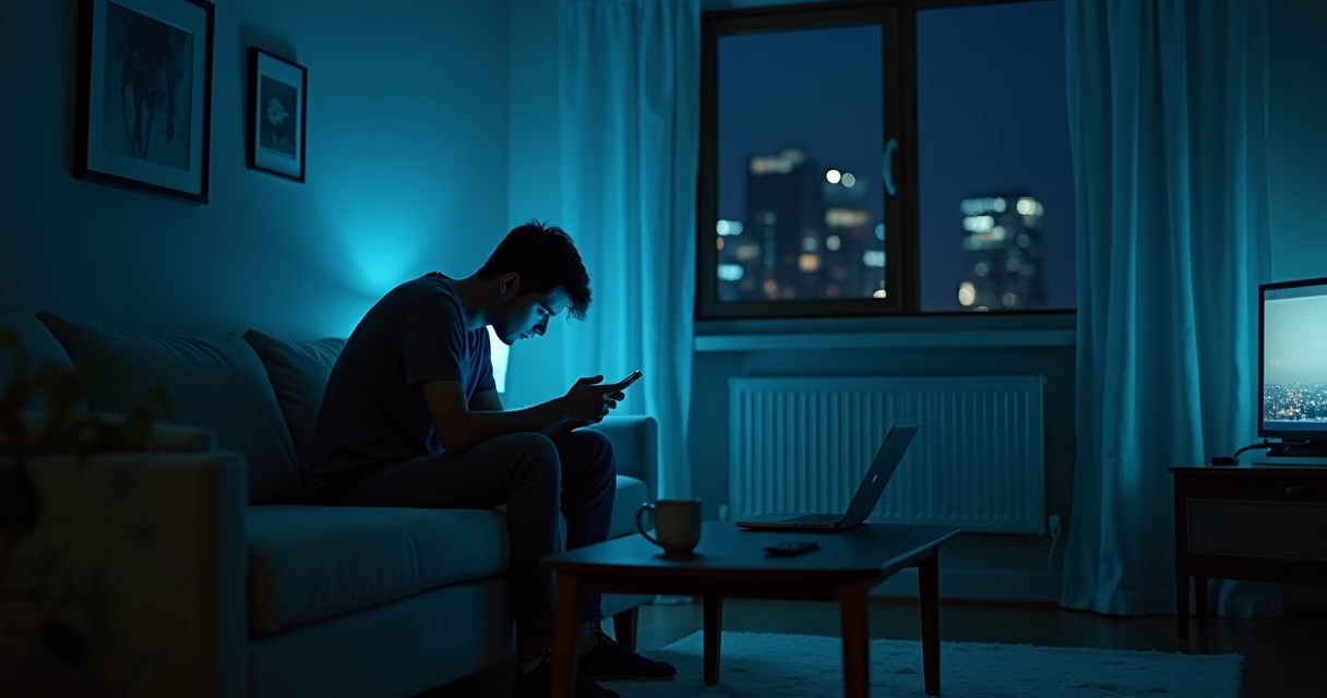 Adult sitting alone in a dim living room with phone light