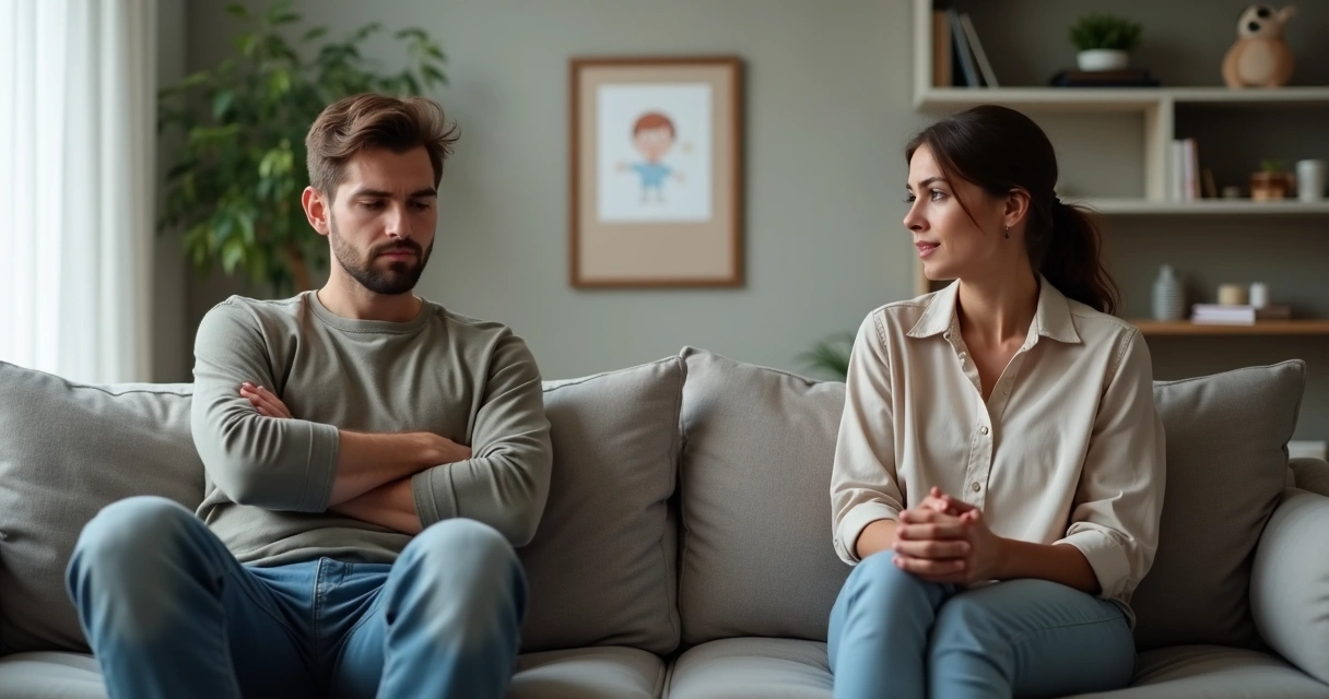 Two adults sitting apart on a sofa in tense conversation 