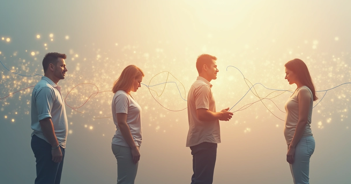 Adults connected by threads illustrating different attachment styles 