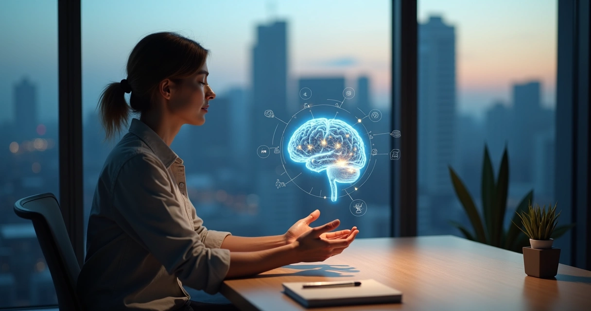 Adult holding glowing brain illustration with calm city background 